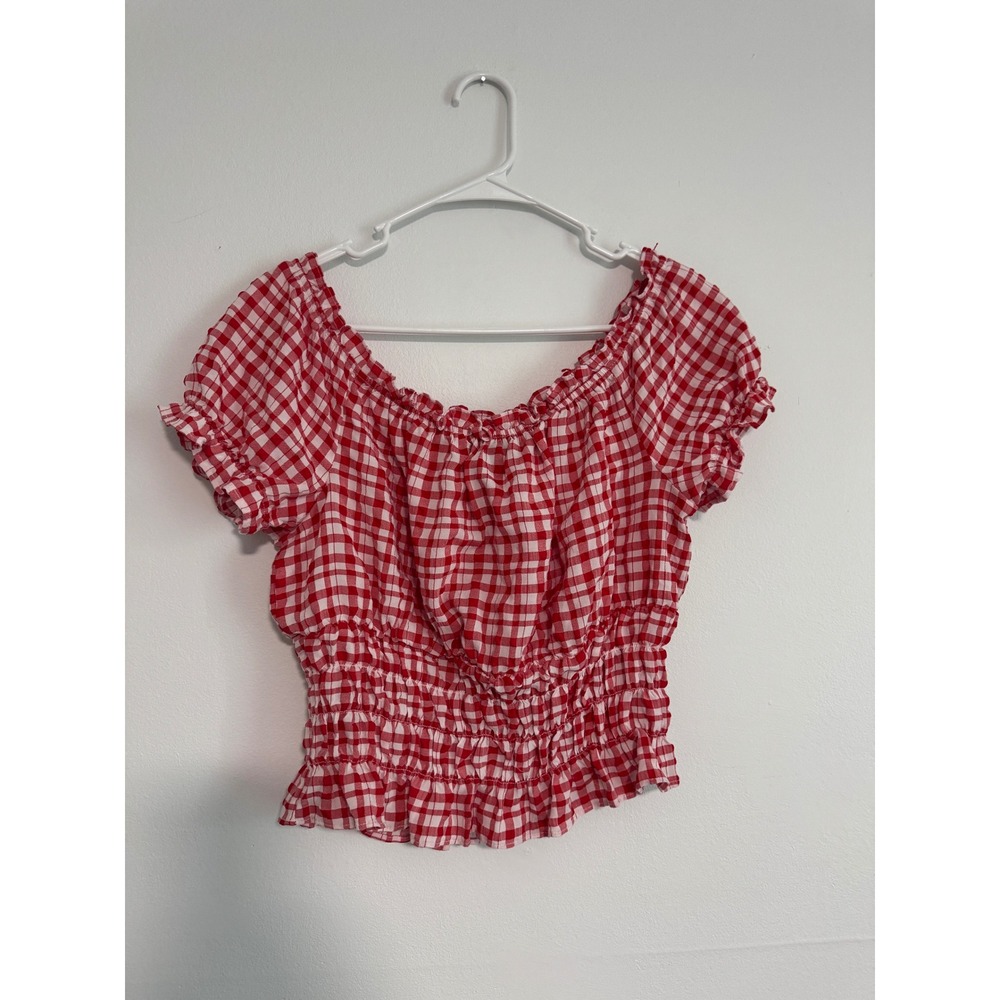 B-Wear Red Gingham Smocked Crop Top Short Sleeve Ruffle Blouse Large - Picture 2 of 6